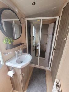 een badkamer met een wastafel en een spiegel bij Golden Palm Getaway's PG143 in Skegness