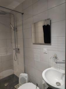 a bathroom with a shower and a toilet and a sink at Sangha Millau in Millau
