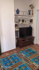 a living room with a flat screen tv and two rugs at Casa Europeia em Cunha in Cunha