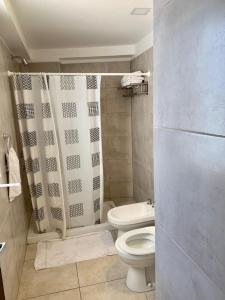 La salle de bains est pourvue de toilettes et d'un rideau de douche. dans l'établissement Cony Lee Esteco, à Salta