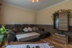 sala de estar con sofá y TV de pantalla plana en Private Apartment en Hannover