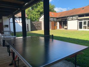 - une table de ping-pong assise sur une terrasse dans une cour dans l'établissement Bauernhof - Auszeit mal anders, à Seckach