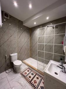 y baño con ducha, aseo y lavamanos. en Luxury 4-bedrooms apartment, en Áqaba