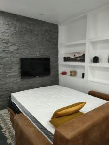 1 dormitorio con 1 cama y TV en una pared de ladrillo en Le Petit Cocon - Parking privé - Lyon Sud, en Vénissieux