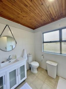 un bagno con un water, un lavandino e uno specchio di LTB-Waterkant Cottage a Malgas Altre 5 foto
