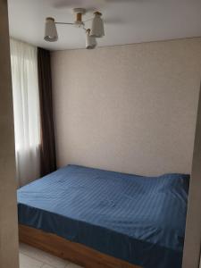 休欽斯克的住宿－квартира по суточно，一间卧室设有蓝色的床和窗户。