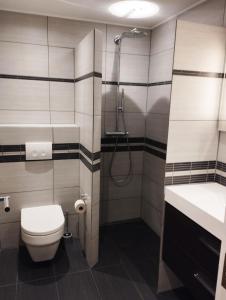 ein Bad mit einer Dusche, einem WC und einem Waschbecken in der Unterkunft (Id 039) Rørkjærsgade 12 dor 209 in Esbjerg