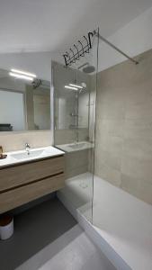 uma casa de banho com um chuveiro, um lavatório e um espelho. em Chambre Ginkgo au Domaine de l'Aven em Villeneuve-Minervois