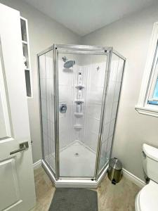a glass shower in a bathroom with a toilet at Hamilton Mountain Plaza - Smart Home - Main Floor in Hamilton