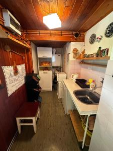 Una pequeña cocina con fregadero y encimera. en Chata Retro, en Stará Lesná