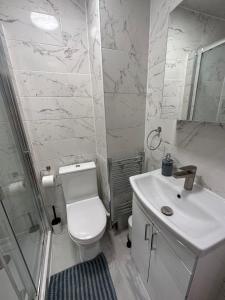 a white bathroom with a toilet and a sink at Notting Hill Guest Studio in Ealing