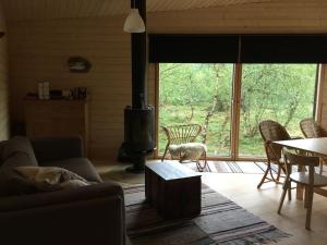 Villa Aitti في اتسجوكي: غرفة معيشة مع أريكة وموقد خشبي