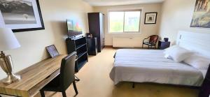 a bedroom with a bed and a desk in it at The Medicine Hat Villa in Medicine Hat