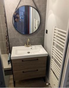 een badkamer met een wastafel en een spiegel bij Cosy apartment Disneyland Paris en face de la gare RER val d'Europe in Serris