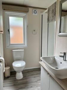 a bathroom with a toilet and a sink and a window at Woodview Retreat 