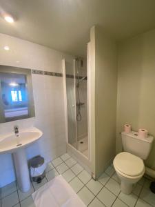 een badkamer met een toilet, een douche en een wastafel bij la terrasse in Larche