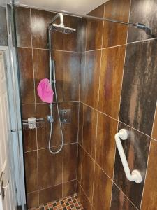 a bathroom with a shower with a brown tile wall at Bracken Lodge in Merston
