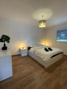 a bedroom with a bed and a potted plant at Magnifique appartement à la frontière suisse in Saint-Louis