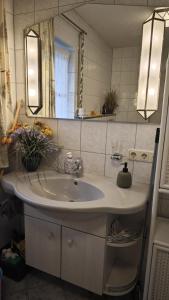 La salle de bains est pourvue d'un lavabo et d'un miroir. dans l'établissement Weilheimer Ferienparadies, à Weilheim in Oberbayern