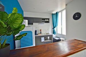 a kitchen with a table and a plant in a room at Le Petit Refuge de Venose in La Châtre