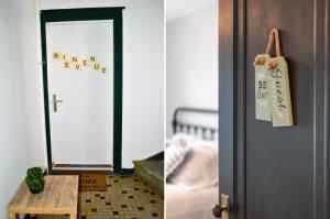 dos fotos de una puerta y una puerta con un cartel. en Le Petit Refuge de Venose, en La Châtre