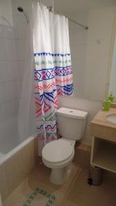 a bathroom with a toilet and a shower curtain at Departamento Algarrobo in Algarrobo