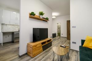 uma sala de estar com uma televisão de ecrã plano na parede em Golden Cage Premium Central Apartment em Budapeste