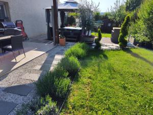 einen Garten mit Gras und Pflanzen im Hof in der Unterkunft Au Ch'ti Suisse 