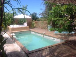 a small swimming pool in a yard with a patio at LE TIKI gîte côté canne in Grand-Bourg