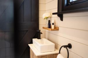 a bathroom with a white sink and black cabinets at The Huts At Woodthorpes in Assington