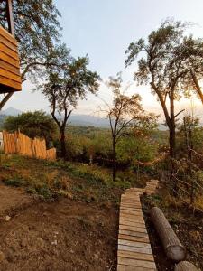 a wooden path on a hill with trees and a fence at Янтарь Уютный горный домик in Almaty