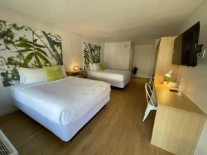 Kama o mga kama sa kuwarto sa Newly renovated room in cozy hotel near Disney