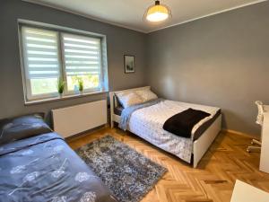 um quarto com 2 camas e uma janela em Apartament Loft Krynica-Zdrój em Krynica-Zdrój