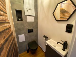 uma casa de banho com um lavatório e um WC em Apartament Loft Krynica-Zdrój em Krynica-Zdrój