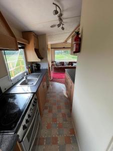 a small kitchen with a sink and a stove at Tregoodwell Park Lodge in Camelford