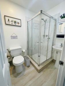 a bathroom with a shower and a toilet and a sink at Nuvole Guest Suite in Miami