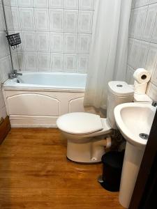 La salle de bains est pourvue de toilettes, d'un lavabo et d'une baignoire. dans l'établissement The Affordable & Central Studio, à Londres