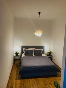 a bedroom with a large bed and a chandelier at Apartment Dzelzavas 19/3 in Rīga