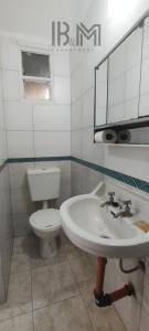 y baño con aseo blanco y lavamanos. en B&M en Mendoza