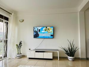 uma sala de estar com uma televisão de ecrã plano na parede em Khael Glory home offers 247 security em Kampala