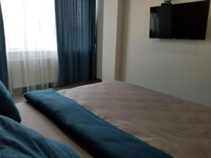 Schlafzimmer mit einem Bett und einem Flachbild-TV in der Unterkunft Lux na Druhetiv in Uschhorod