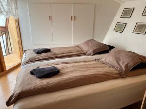 - un grand lit avec 2 oreillers dans l'établissement Apartment dome Hof í Vatnsdal, à Blönduós