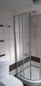 La salle de bains est pourvue d'une douche et de toilettes. dans l'établissement Apartament 2 camere, à Bacău