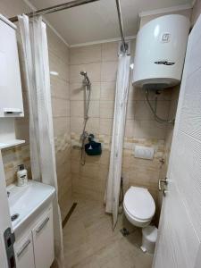 uma casa de banho com um chuveiro, um WC e um lavatório. em Dženx Apartmani em Sarajevo