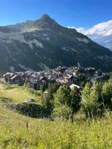 a village on a hill with a mountain at Arc 1950 Ap 171 Résidence les Sources de Marie in Bourg-Saint-Maurice