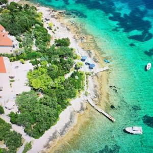 an aerial view of a beach with trees and water at Apartments Grbin in Korčula
