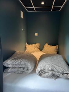 twee kussens op een bed in een kamer bij Overnatting med sjøutsikt å rolige omgivelser in Alta