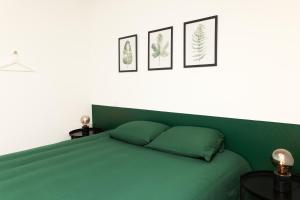 1 dormitorio con 1 cama verde y 3 cuadros en la pared en Le T2 Chic !, en Carcassonne