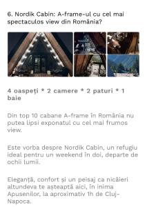 Captura de pantalla de un teléfono móvil con una foto de un techo en Nordik Cabin - Aframe with 2 bedrooms en Mărişel