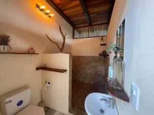 a bathroom with a shower and a toilet and a sink at Four Trees Jungle Lodge in San Juan del Sur